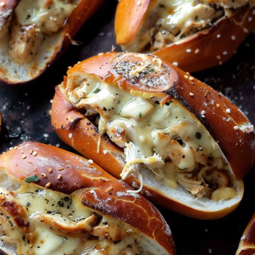 Honey Dijon Chicken Cheesesteaks on Pretzel Rolls