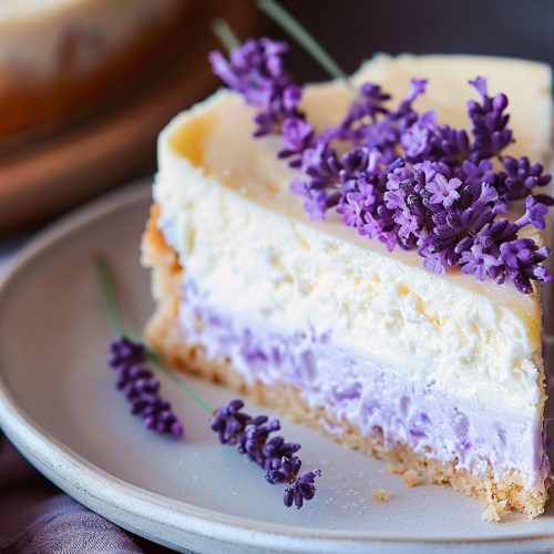 Delicious Honey Lavender Cheesecake topped with honey and lavender flowers on a graham cracker crust.