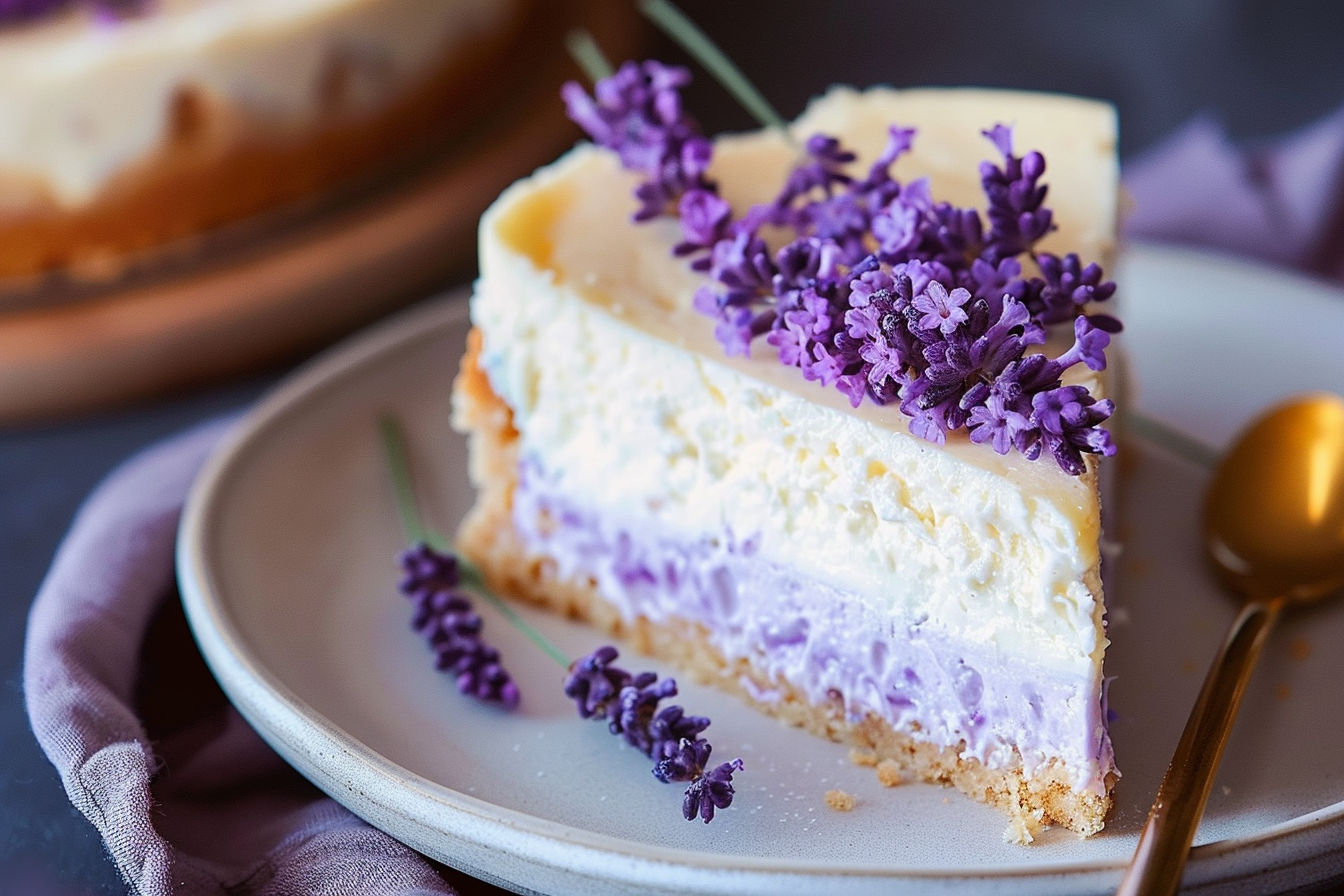 Delicious Honey Lavender Cheesecake topped with honey and lavender flowers on a graham cracker crust.