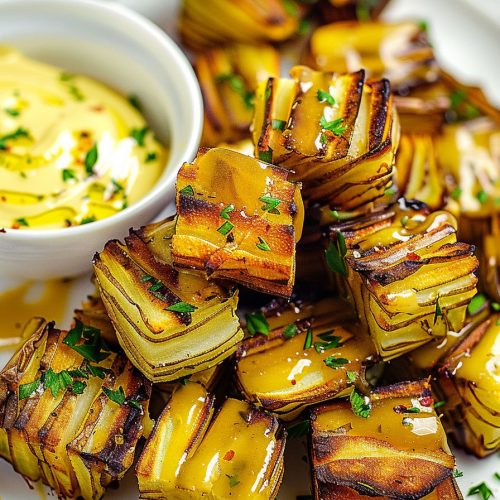Party Potato Pave Bites with Cheese Sauce