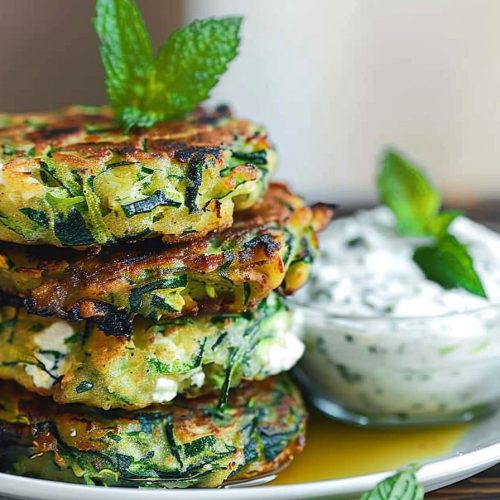 Zucchini Feta and Spinach Fritters with Garlic Tzatziki