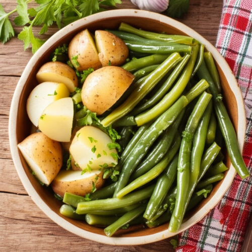 Slow cooked green beans and potatoes with bacon in a crockpot.