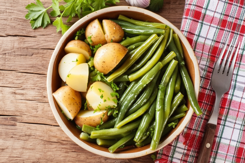 Slow cooked green beans and potatoes with bacon in a crockpot.