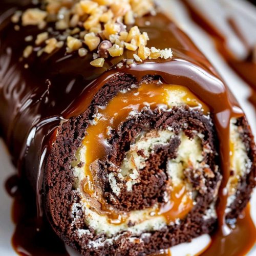 Chocolate Caramel Turtle Cake Roll