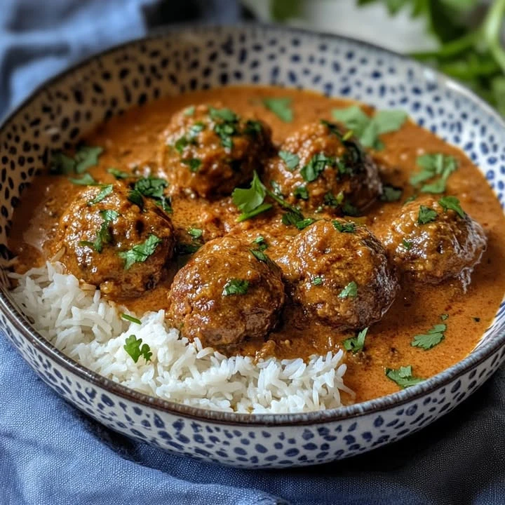 Beef Kofta served in a creamy coconut tomato curry sauce with spices