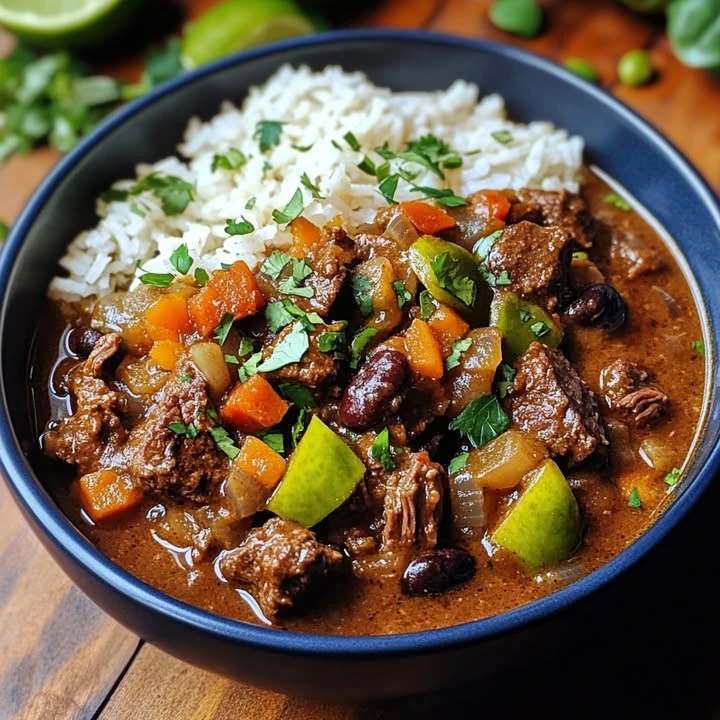 Caribbean beef stew with coconut rice and beans served in a bowl