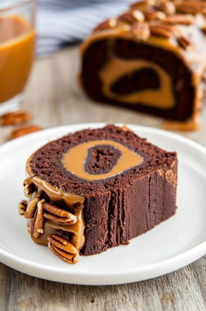 Gooey Chocolate Caramel Turtle Cake Roll