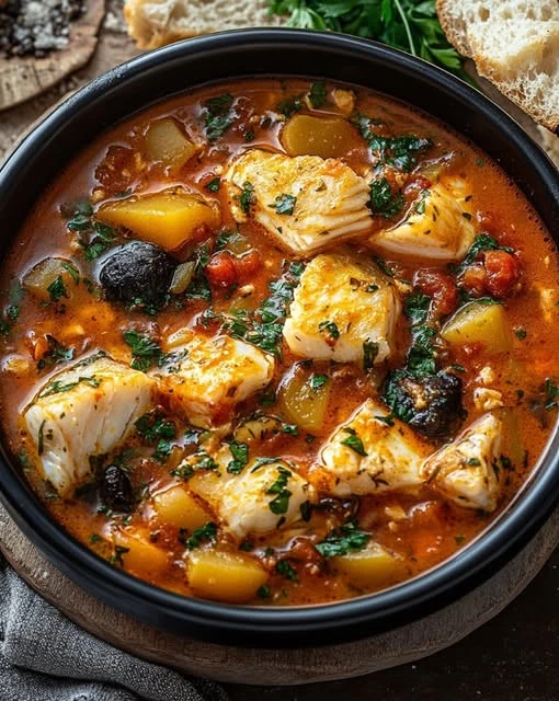 Bowl of Sicilian Fish Stew with fresh seafood and vegetables