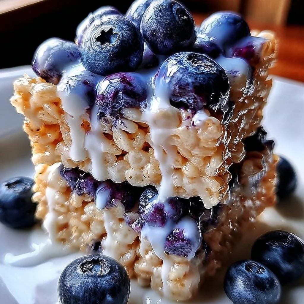 Blueberry Rice Krispies Treats with Vanilla Glaze